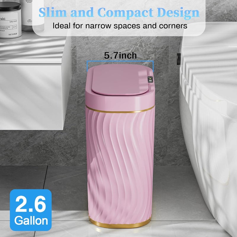 steo spce Bathroom Small Trash Can with Automatic Touchless Lid, 2.6 Gallon Smart Garbage Can Narrow Waterproof Trash Bin for Bedroom, Office, Living Room (Gold Pink) - Image 3